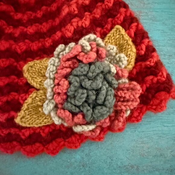 Tara Hand-Knit Wool Beanie With Crochet Floral Accent 100% Wool Made in Nepal - Picture 2 of 7